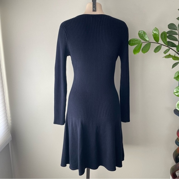 Calvin Klein Ribbed Long Sleeve Midi Sweater Knit Dress Drop Waist Navy Blue - Picture 2 of 7